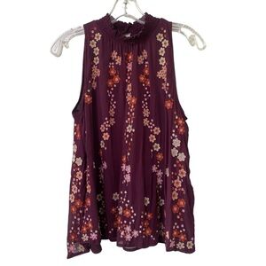 Anthropologie Floreat Sotra Embroidered Floral Maroon Mock Neck Top